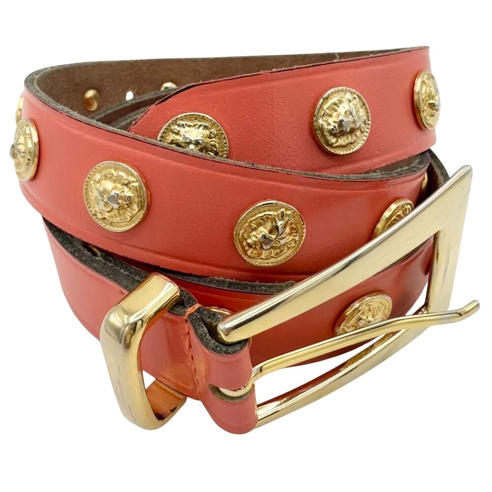 Vintage The Limited Coral Leather Belt Gold Lion Medallion Buckle Boho XS S